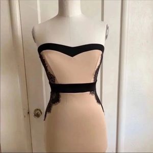 nude black lace strapless dress